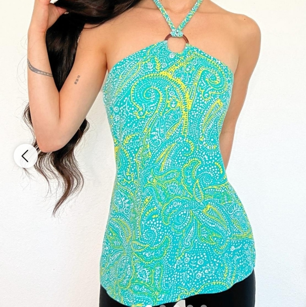 Banana Republic Teal and Yellow Paisley Y2K Halter Top